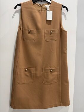 H&M Camel Sleeveless Shift Dress with Pocket Details Small
